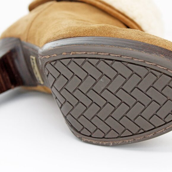 UGG ‘Dandylion II’ Suede Sheepskin Foldover Shearling Heeled Booties in Chestnut - Picture 9 of 10